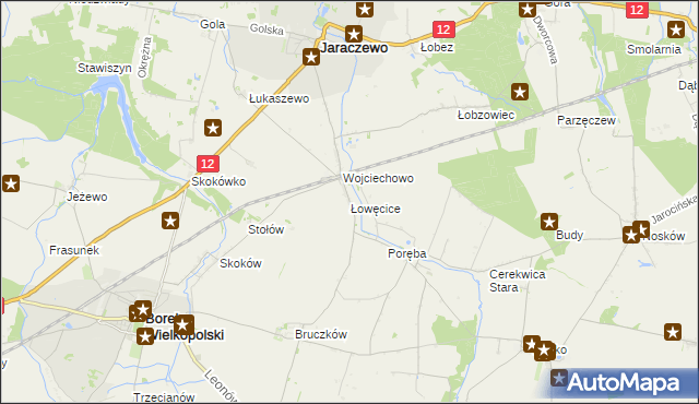 mapa Łowęcice gmina Jaraczewo, Łowęcice gmina Jaraczewo na mapie Targeo