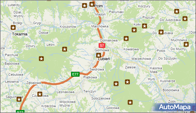 mapa Lubień powiat myślenicki, Lubień powiat myślenicki na mapie Targeo