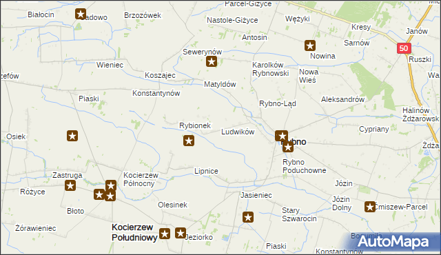 mapa Ludwików gmina Rybno, Ludwików gmina Rybno na mapie Targeo