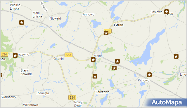 mapa Mełno gmina Gruta, Mełno gmina Gruta na mapie Targeo