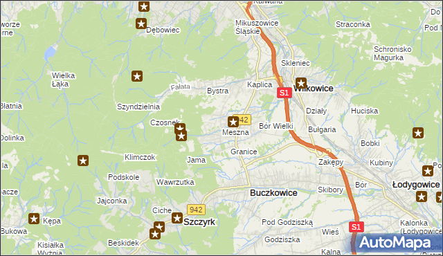 mapa Meszna gmina Wilkowice, Meszna gmina Wilkowice na mapie Targeo