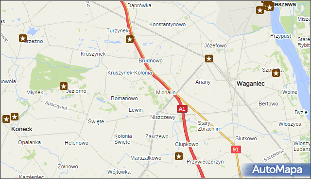mapa Michalin gmina Waganiec, Michalin gmina Waganiec na mapie Targeo