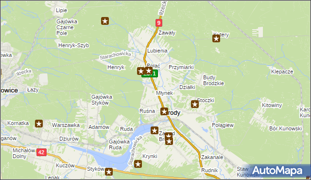 mapa Młynek gmina Brody, Młynek gmina Brody na mapie Targeo