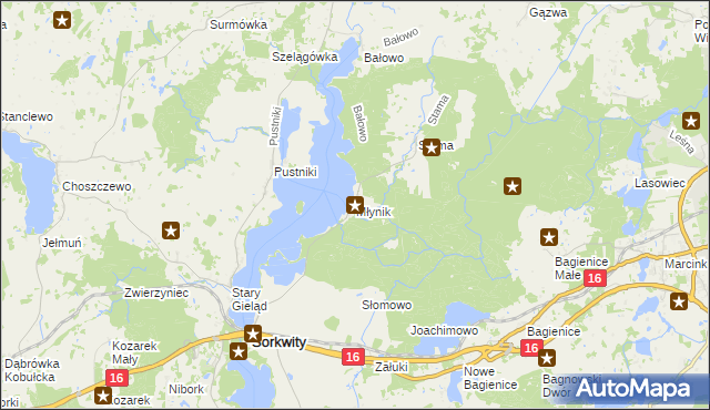 mapa Młynik gmina Sorkwity, Młynik gmina Sorkwity na mapie Targeo