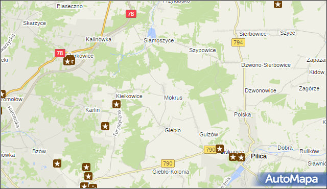 mapa Mokrus gmina Ogrodzieniec, Mokrus gmina Ogrodzieniec na mapie Targeo