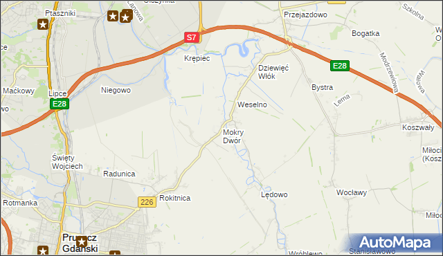 mapa Mokry Dwór gmina Pruszcz Gdański, Mokry Dwór gmina Pruszcz Gdański na mapie Targeo