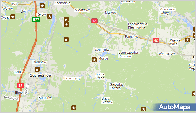 mapa Mostki gmina Suchedniów, Mostki gmina Suchedniów na mapie Targeo