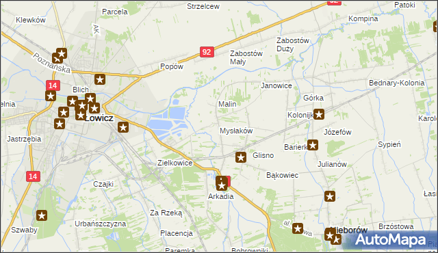 mapa Mysłaków gmina Nieborów, Mysłaków gmina Nieborów na mapie Targeo