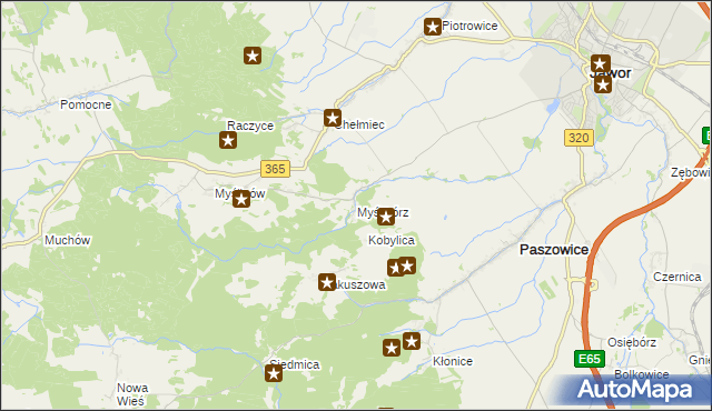 mapa Myślibórz gmina Paszowice, Myślibórz gmina Paszowice na mapie Targeo