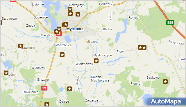 mapa Myśliborzyce gmina Myślibórz, Myśliborzyce gmina Myślibórz na mapie Targeo