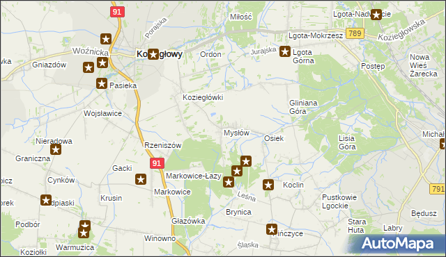 mapa Mysłów gmina Koziegłowy, Mysłów gmina Koziegłowy na mapie Targeo