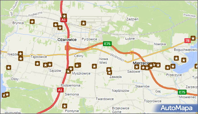 mapa Nowa Wieś gmina Mierzęcice, Nowa Wieś gmina Mierzęcice na mapie Targeo