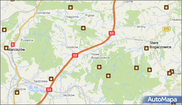 mapa Nowe Bogaczowice, Nowe Bogaczowice na mapie Targeo