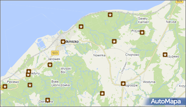 mapa Nowinka gmina Tolkmicko, Nowinka gmina Tolkmicko na mapie Targeo
