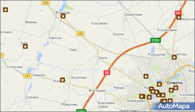 mapa Obora gmina Gniezno, Obora gmina Gniezno na mapie Targeo