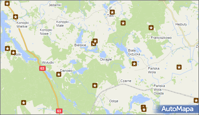 mapa Okrągłe gmina Wydminy, Okrągłe gmina Wydminy na mapie Targeo