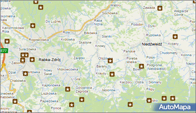 mapa Olszówka gmina Mszana Dolna, Olszówka gmina Mszana Dolna na mapie Targeo