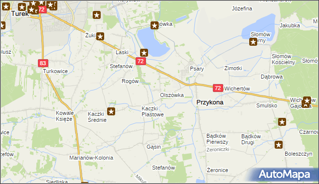 mapa Olszówka gmina Przykona, Olszówka gmina Przykona na mapie Targeo