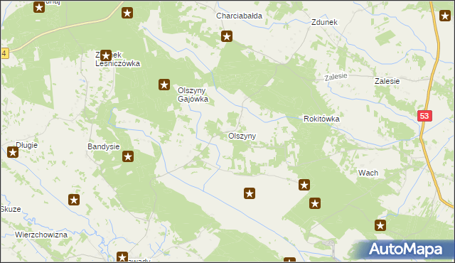 mapa Olszyny gmina Myszyniec, Olszyny gmina Myszyniec na mapie Targeo