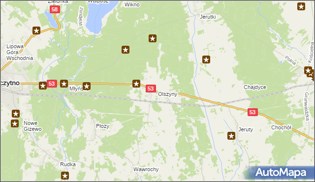 mapa Olszyny gmina Szczytno, Olszyny gmina Szczytno na mapie Targeo