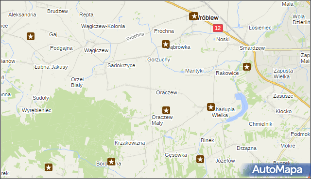 mapa Oraczew gmina Wróblew, Oraczew gmina Wróblew na mapie Targeo