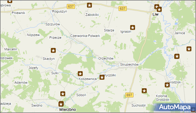 mapa Orzechów gmina Wierzbno, Orzechów gmina Wierzbno na mapie Targeo