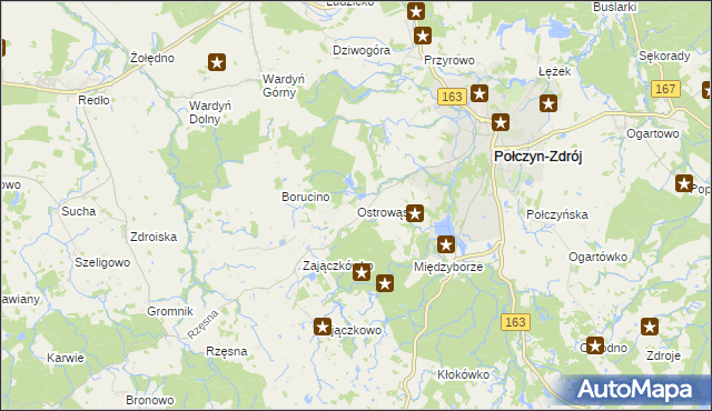 mapa Ostrowąs gmina Połczyn-Zdrój, Ostrowąs gmina Połczyn-Zdrój na mapie Targeo