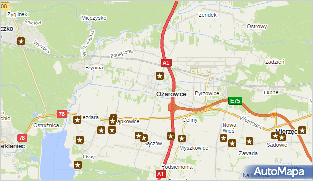 mapa Ożarowice, Ożarowice na mapie Targeo