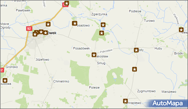 mapa Pakosław gmina Lwówek, Pakosław gmina Lwówek na mapie Targeo