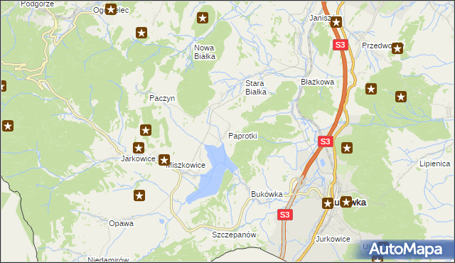 mapa Paprotki gmina Lubawka, Paprotki gmina Lubawka na mapie Targeo