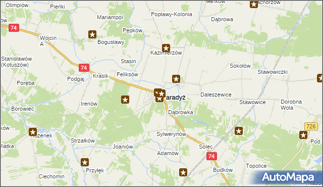 mapa Paradyż powiat opoczyński, Paradyż powiat opoczyński na mapie Targeo