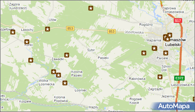 mapa Pasieki gmina Tomaszów Lubelski, Pasieki gmina Tomaszów Lubelski na mapie Targeo