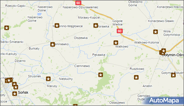 mapa Pękawka gmina Sońsk, Pękawka gmina Sońsk na mapie Targeo