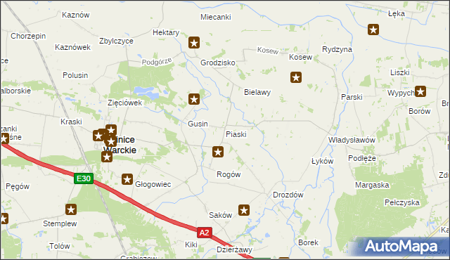 mapa Piaski gmina Świnice Warckie, Piaski gmina Świnice Warckie na mapie Targeo