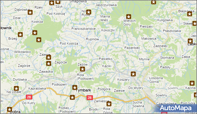 mapa Piekiełko gmina Tymbark, Piekiełko gmina Tymbark na mapie Targeo