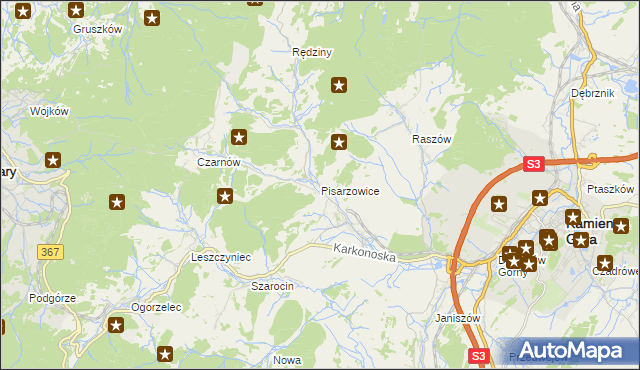 mapa Pisarzowice gmina Kamienna Góra, Pisarzowice gmina Kamienna Góra na mapie Targeo