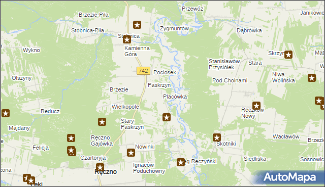 mapa Placówka gmina Ręczno, Placówka gmina Ręczno na mapie Targeo