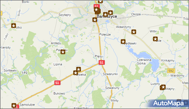 mapa Plęsy gmina Bartoszyce, Plęsy gmina Bartoszyce na mapie Targeo