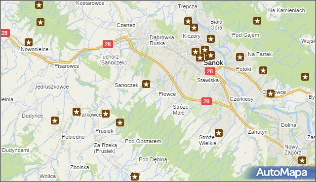 mapa Płowce gmina Sanok, Płowce gmina Sanok na mapie Targeo