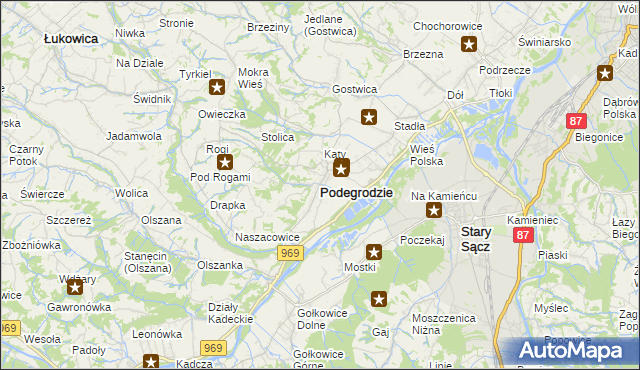 mapa Podegrodzie powiat nowosądecki, Podegrodzie powiat nowosądecki na mapie Targeo