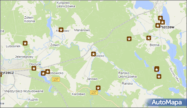 mapa Policko gmina Pszczew, Policko gmina Pszczew na mapie Targeo