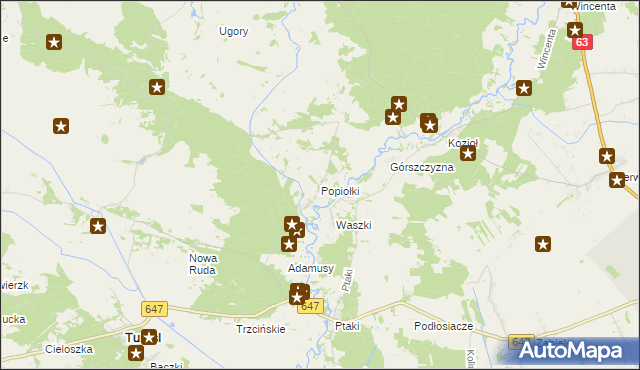 mapa Popiołki gmina Turośl, Popiołki gmina Turośl na mapie Targeo