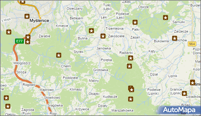 mapa Poręba gmina Myślenice, Poręba gmina Myślenice na mapie Targeo