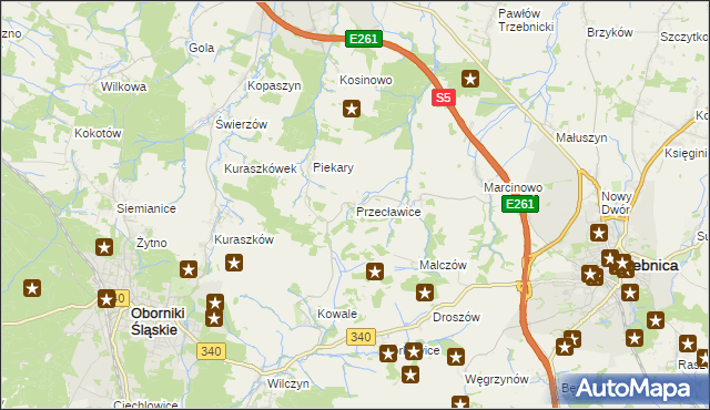 mapa Przecławice gmina Oborniki Śląskie, Przecławice gmina Oborniki Śląskie na mapie Targeo