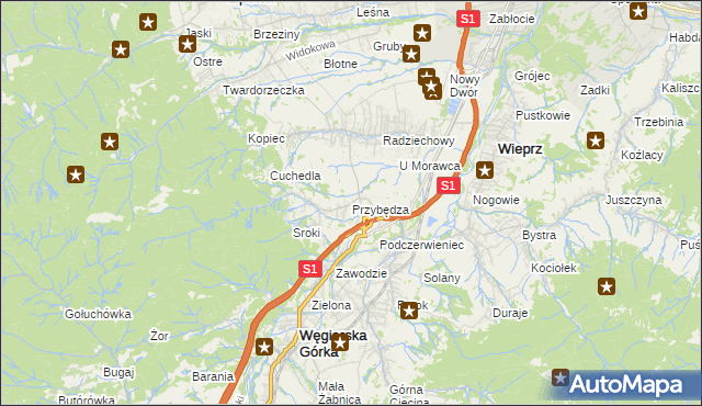 mapa Przybędza, Przybędza na mapie Targeo