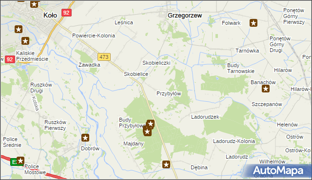 mapa Przybyłów gmina Koło, Przybyłów gmina Koło na mapie Targeo