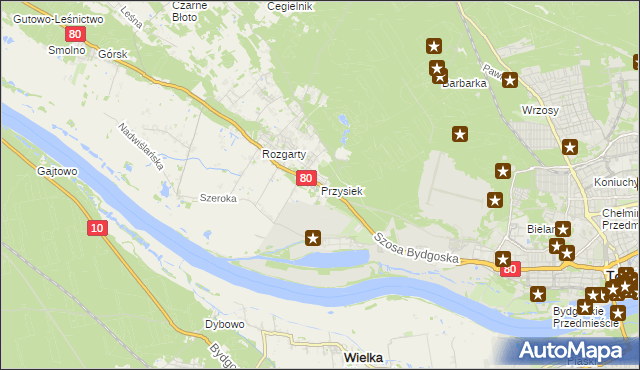 mapa Przysiek gmina Zławieś Wielka, Przysiek gmina Zławieś Wielka na mapie Targeo