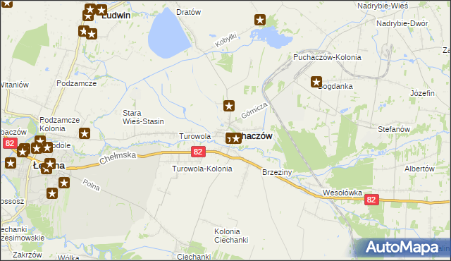 mapa Puchaczów powiat łęczyński, Puchaczów powiat łęczyński na mapie Targeo