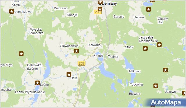 mapa Raduń gmina Dziemiany, Raduń gmina Dziemiany na mapie Targeo