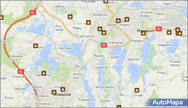 mapa Rajsko gmina Oświęcim, Rajsko gmina Oświęcim na mapie Targeo